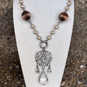 L&F Necklace Romantic Floral Faux Pearls Silver Tone Glass Pendant 38"